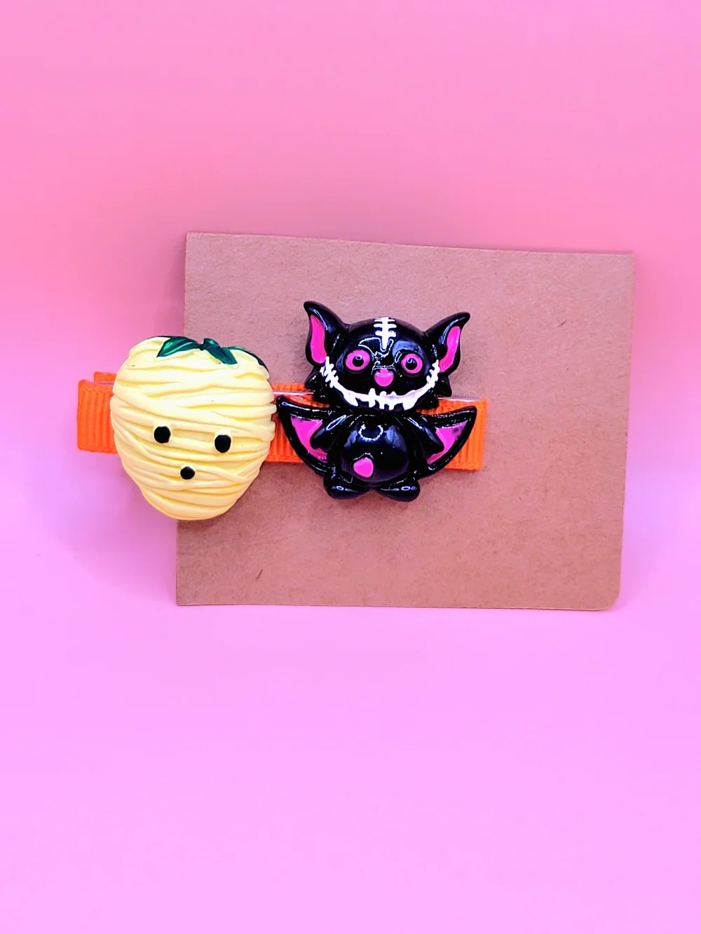Kids Halloween Bat Pumpkin Hair metallic alligator Clip Set - Orange,Yellow,Blk